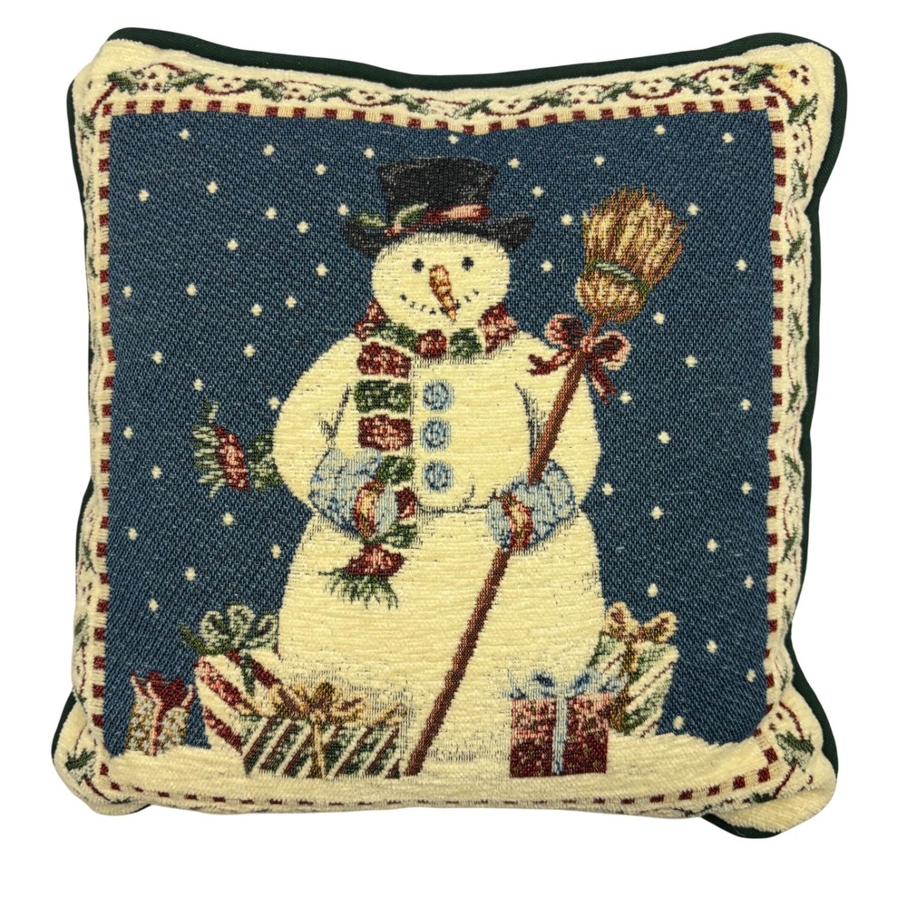 Vintage Christmas Snowman Woven Tapestry Throw Pillow Blue Green‎ 12x12 Holiday
